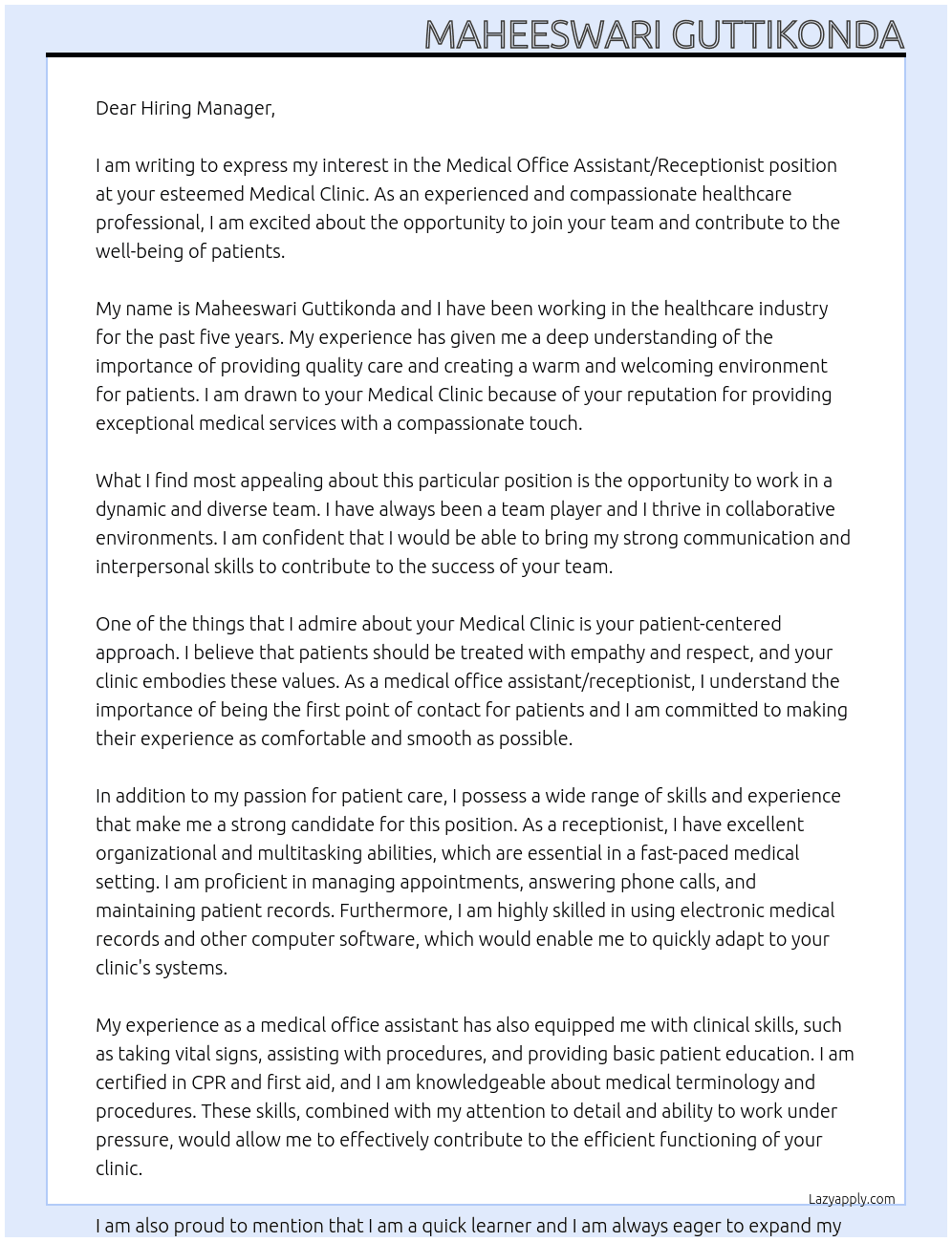 Medical office assistant / Receptionist At Medical clinic Cover Letter