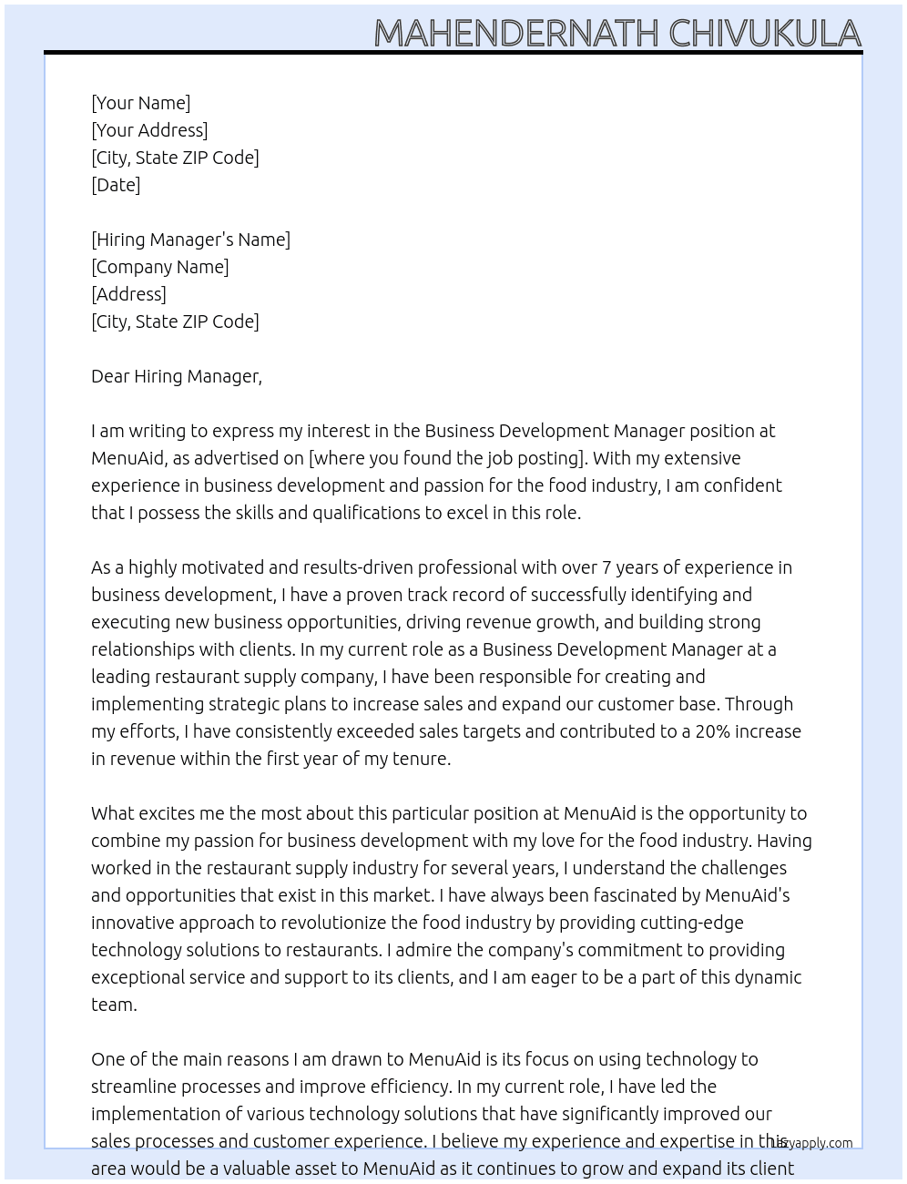 Business Development Manager At MenuAid Cover Letter