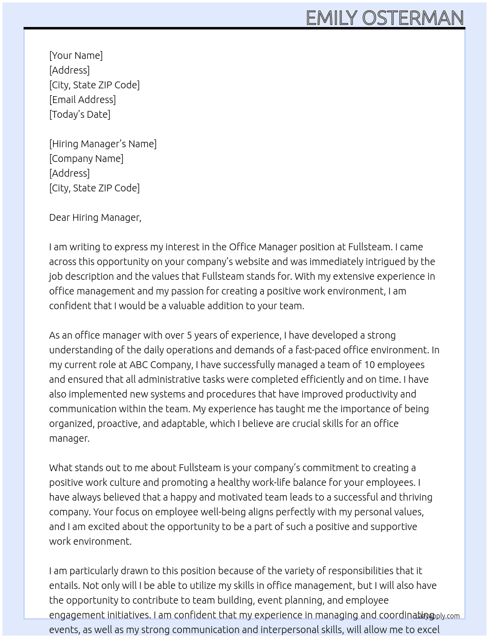 Office Manager At Fullsteam Cover Letter