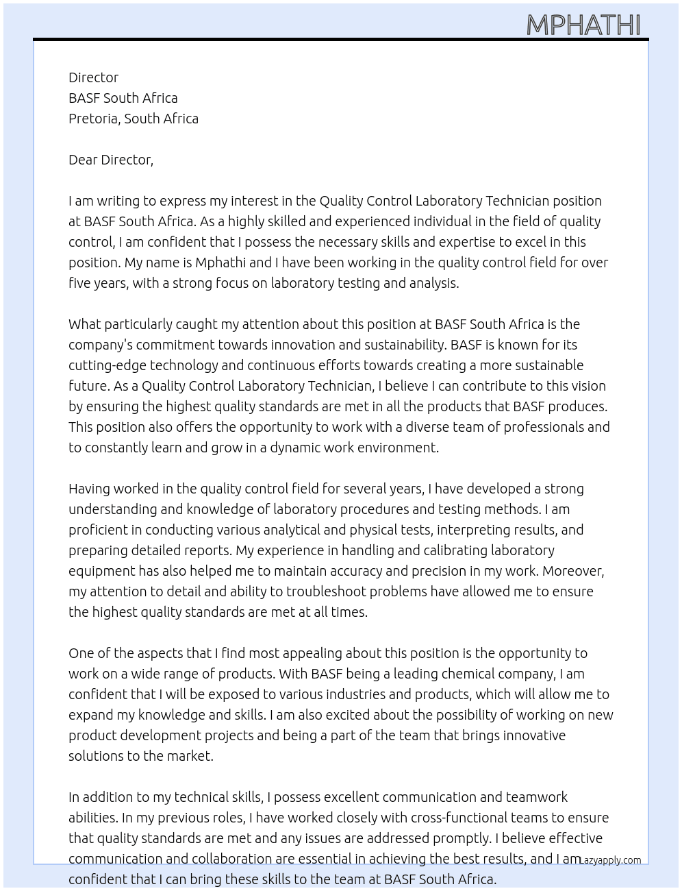 Quality Control Laboratory Technician At BASF South Africa  Cover Letter
