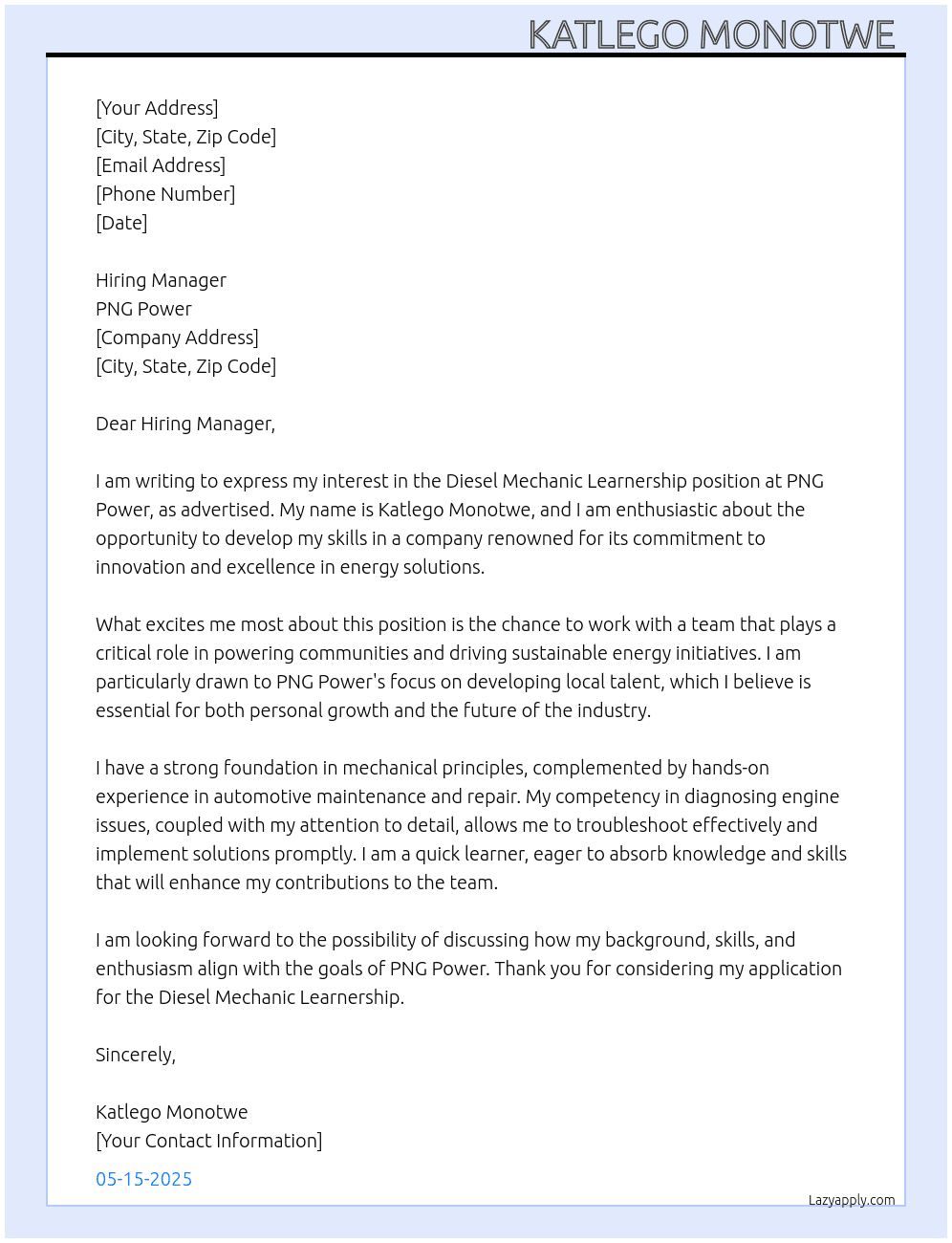 Diesel Mechanic Learnership  At PNG Power Cover Letter