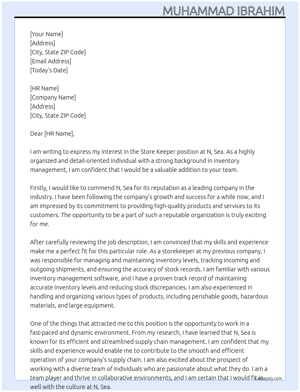 Store keeper At N, Sea Cover Letter