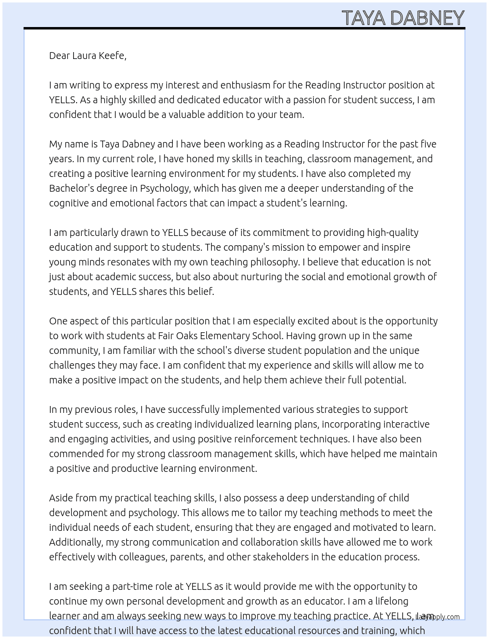 Reading Instructor At YELLS Cover Letter