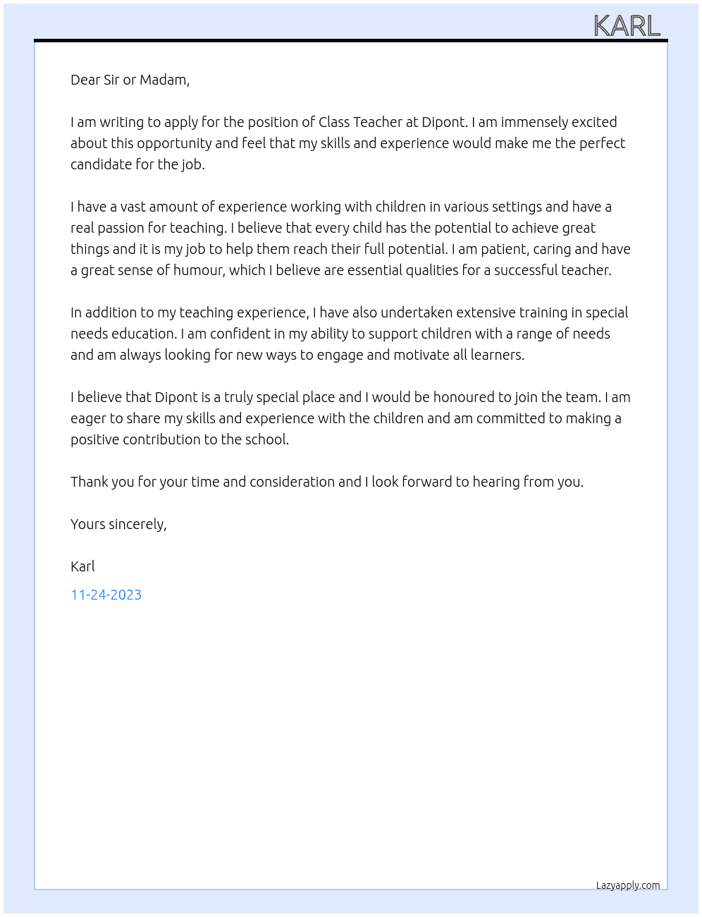 Class Teacher At Dipont Cover Letter