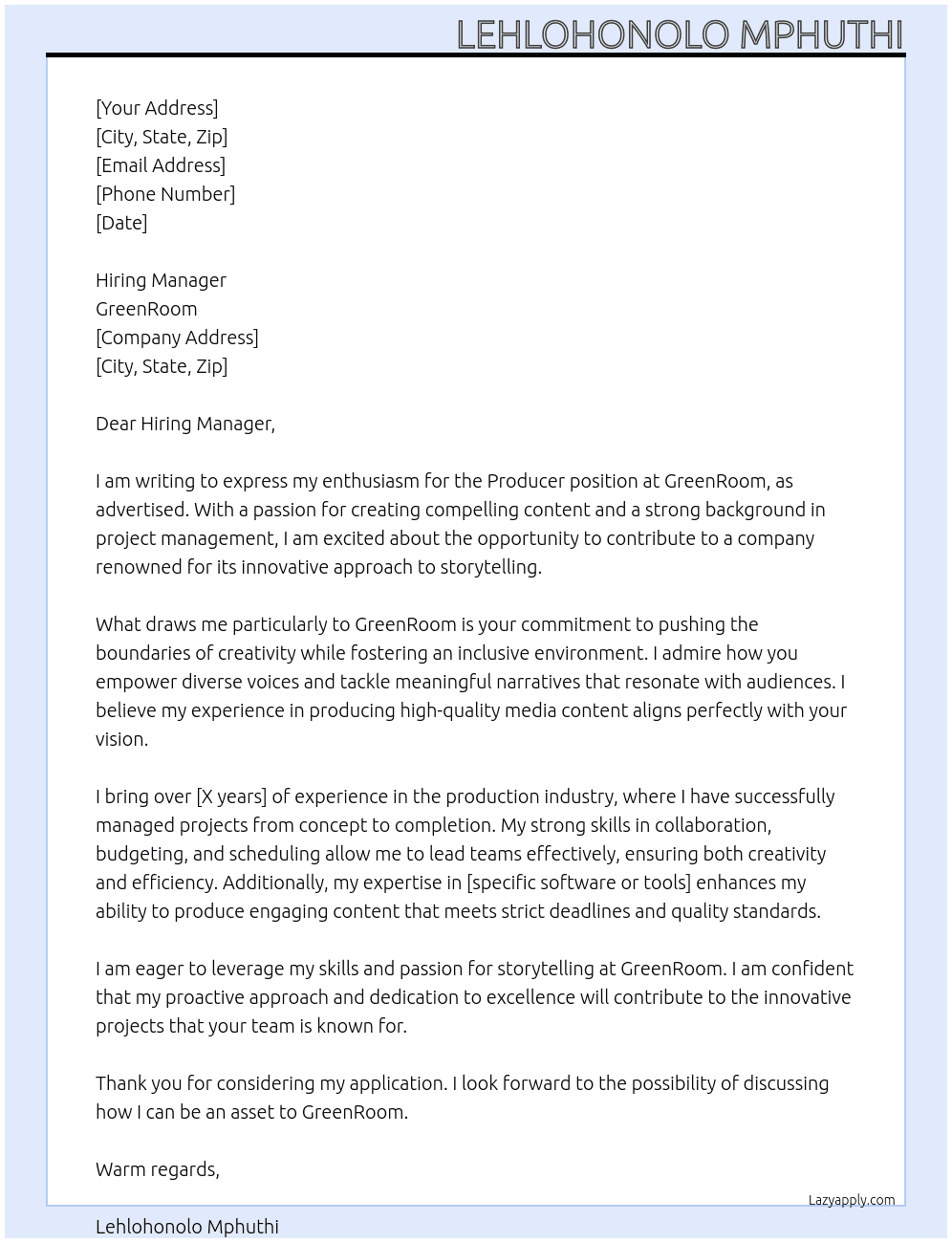 Producer At GreenRoom Cover Letter