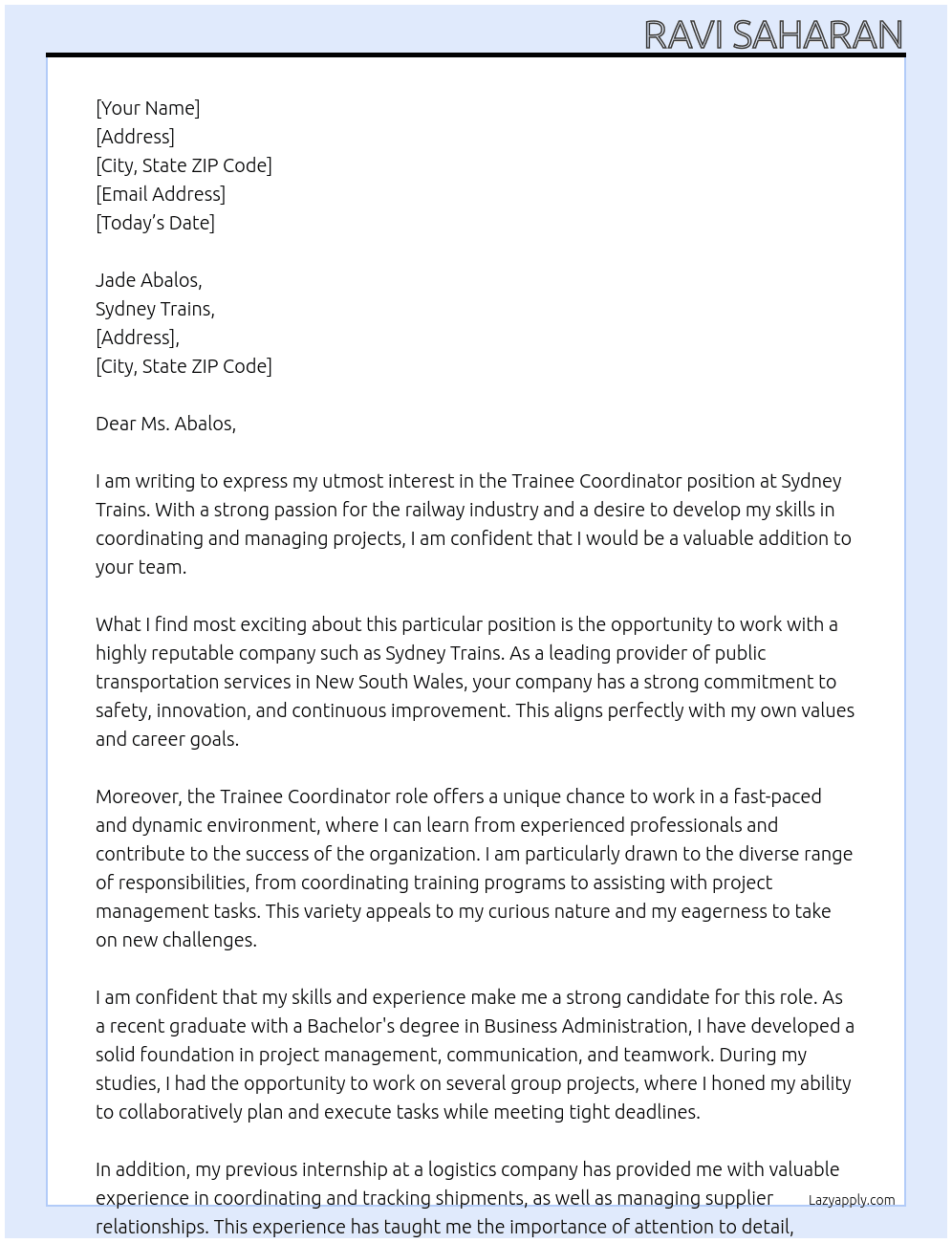 TRainee Coordintor At Sydney Trains Cover Letter