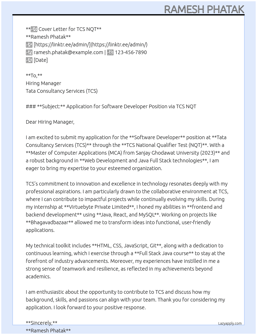 Software Developer At TCS NQT Cover Letter