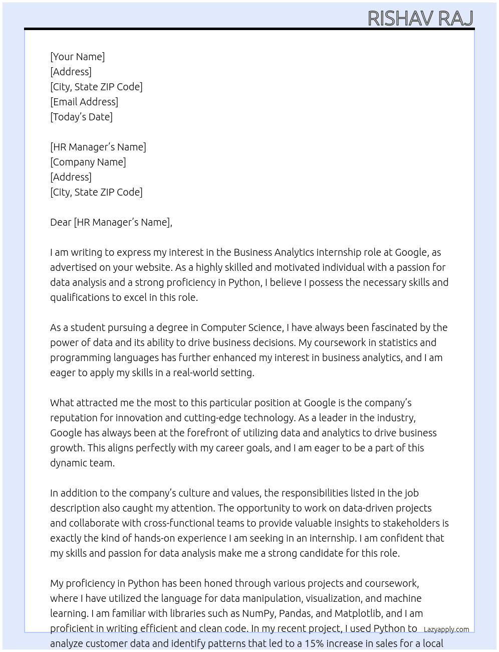 Cover letter for business analytics - LazyApply