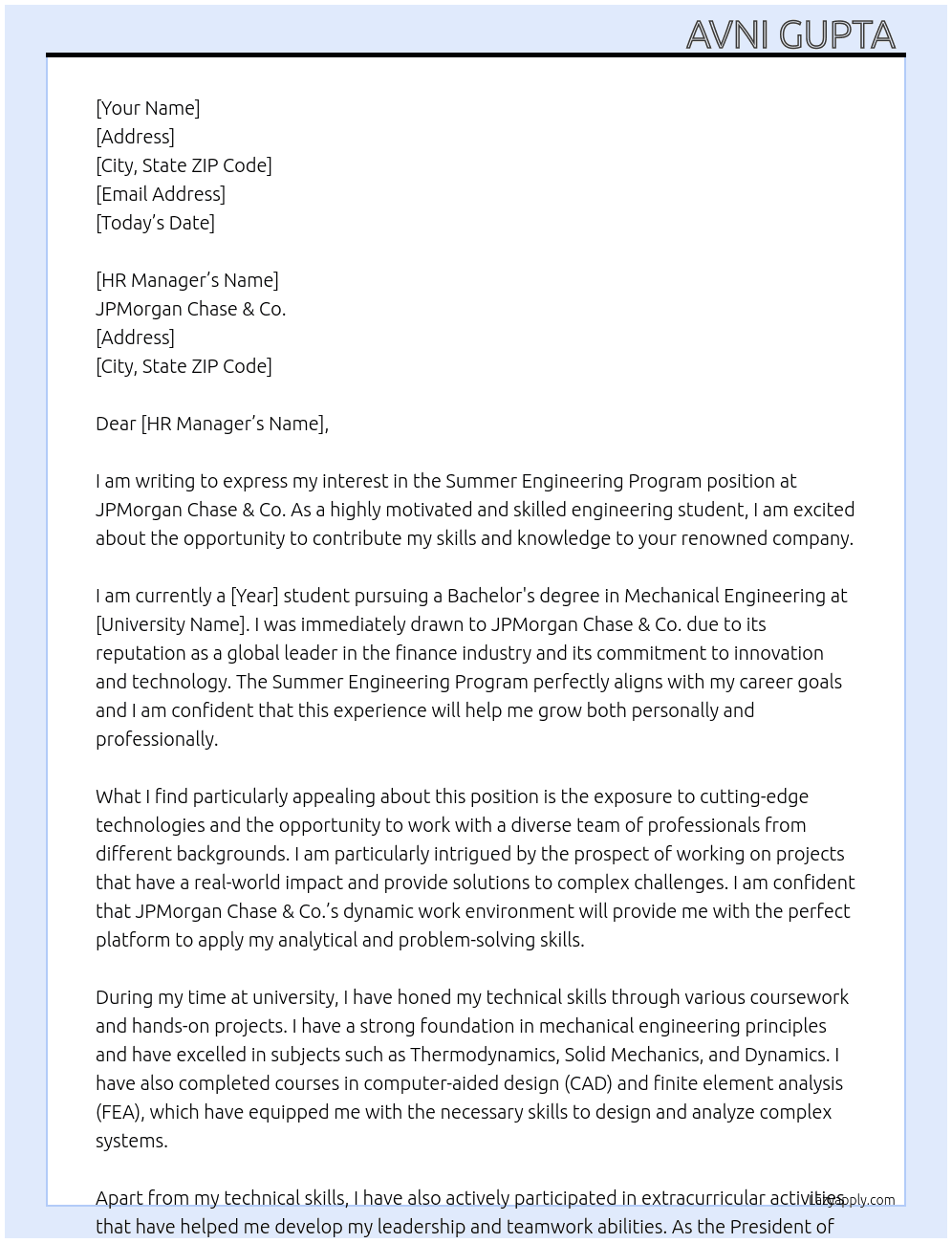 Cover letter for summer engineering program - LazyApply