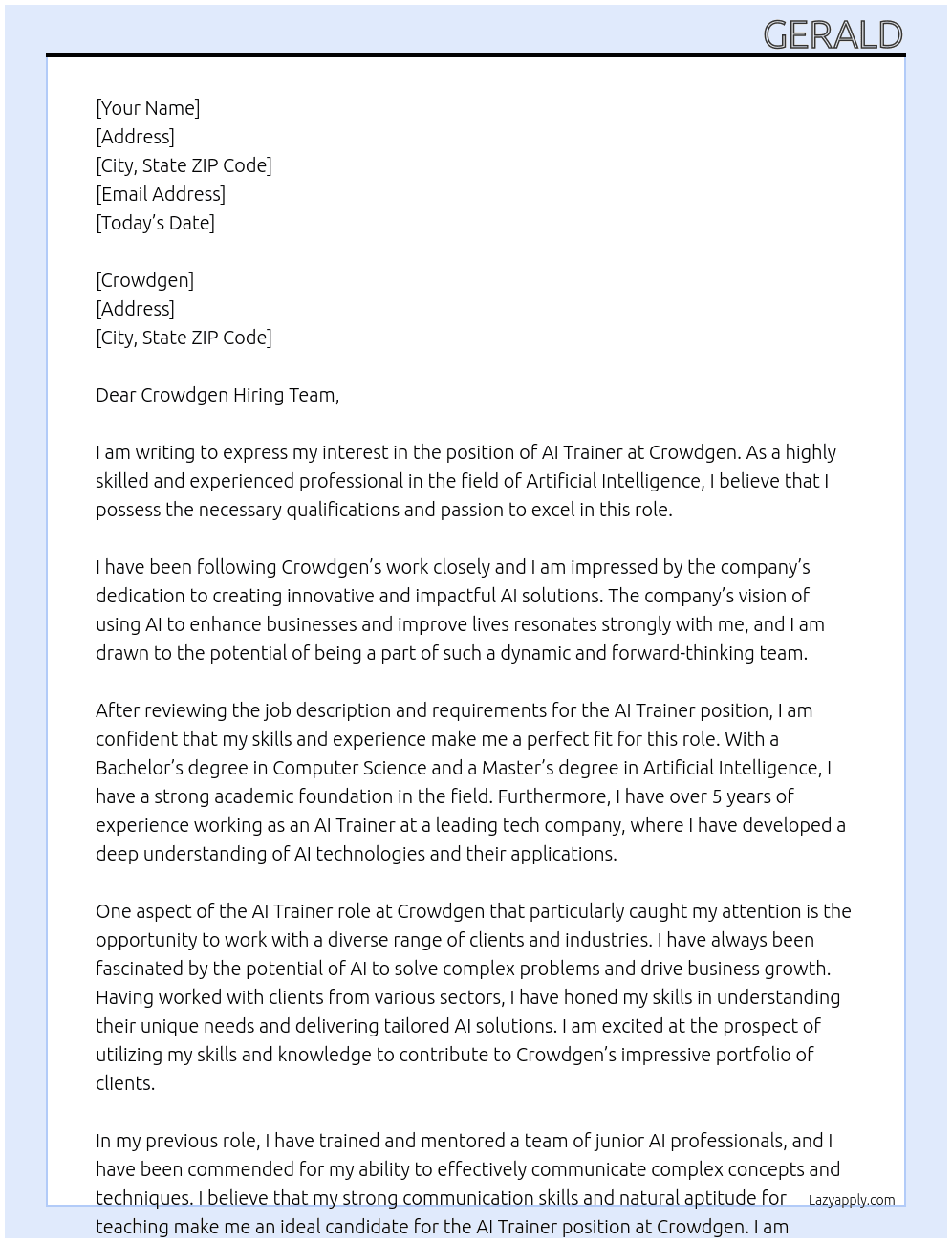 Ai trainer At Crowdgen Cover Letter