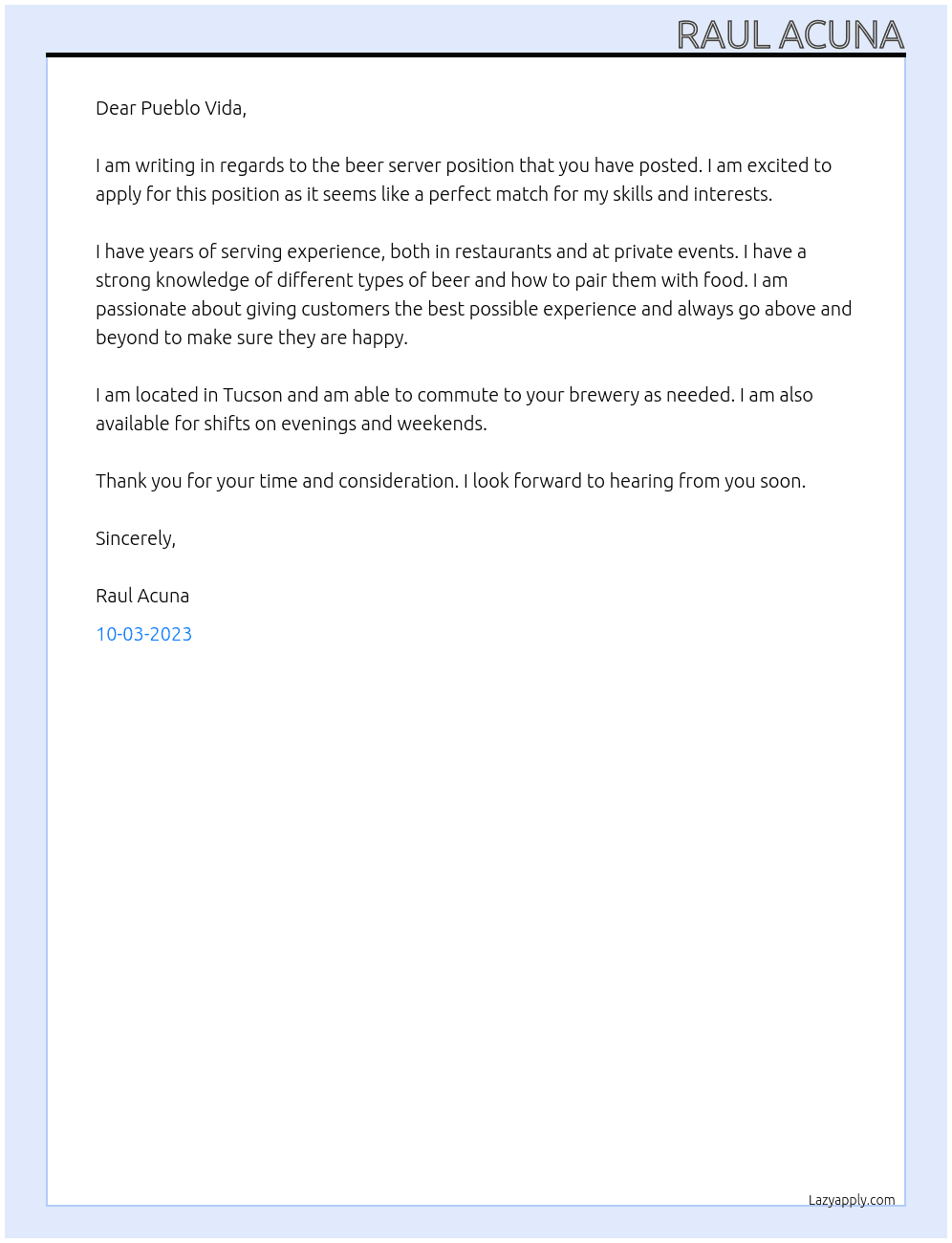 Beer server At Pueblo Vida Cover Letter
