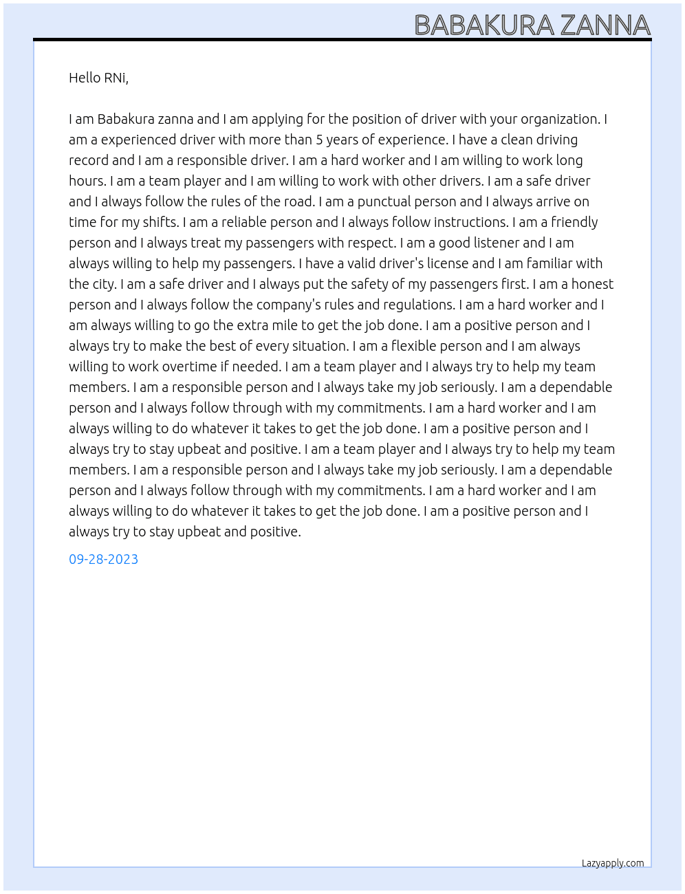 Driver At Applying for a organization driver Cover Letter