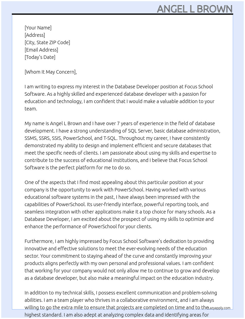 Database Developer At Focus School Software Cover Letter