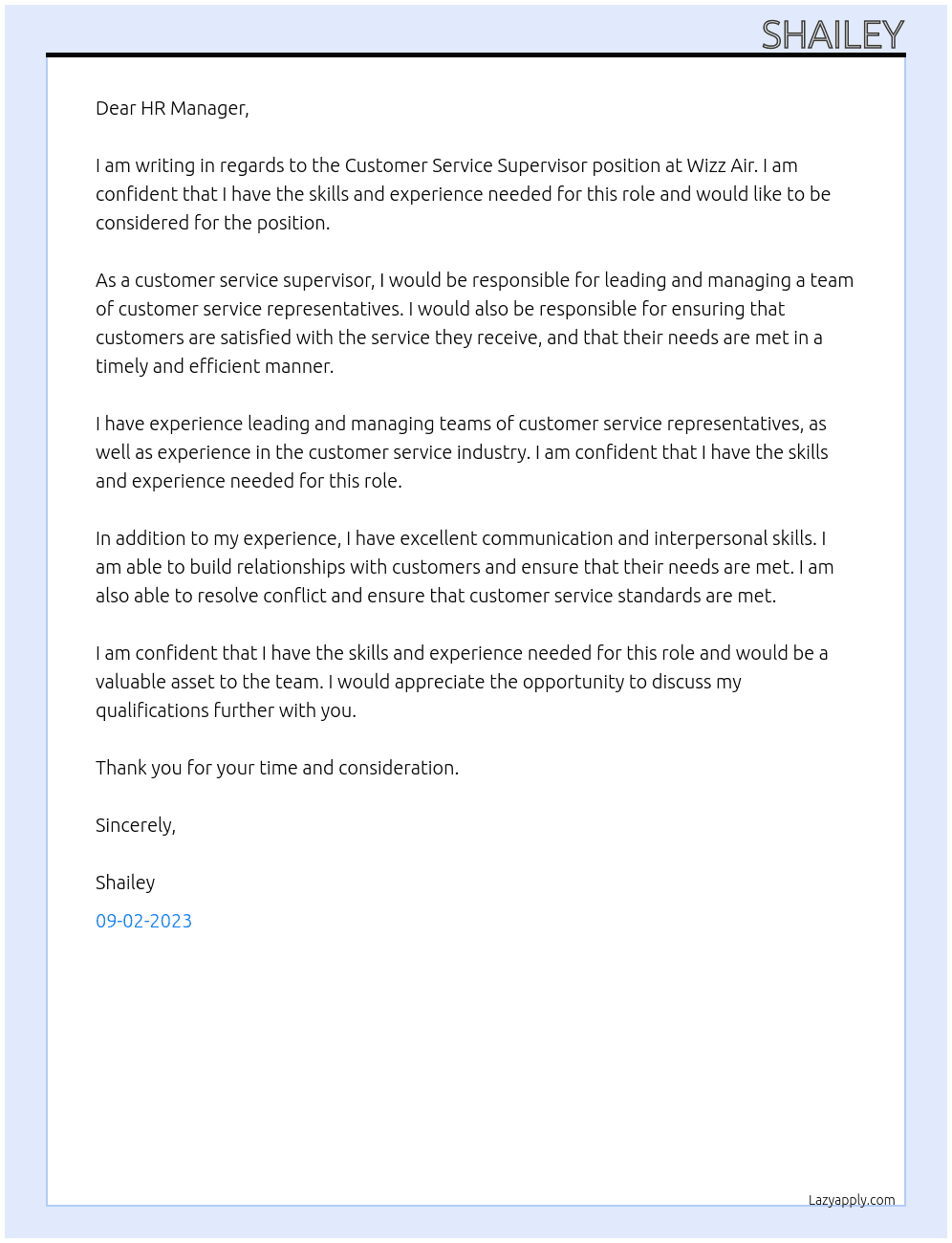 Customer service supervisor  At Wizz Air Cover Letter