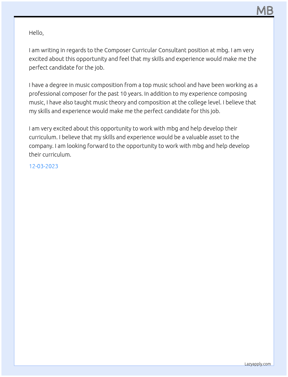 Composer Curricular Consultant At mbg Cover Letter