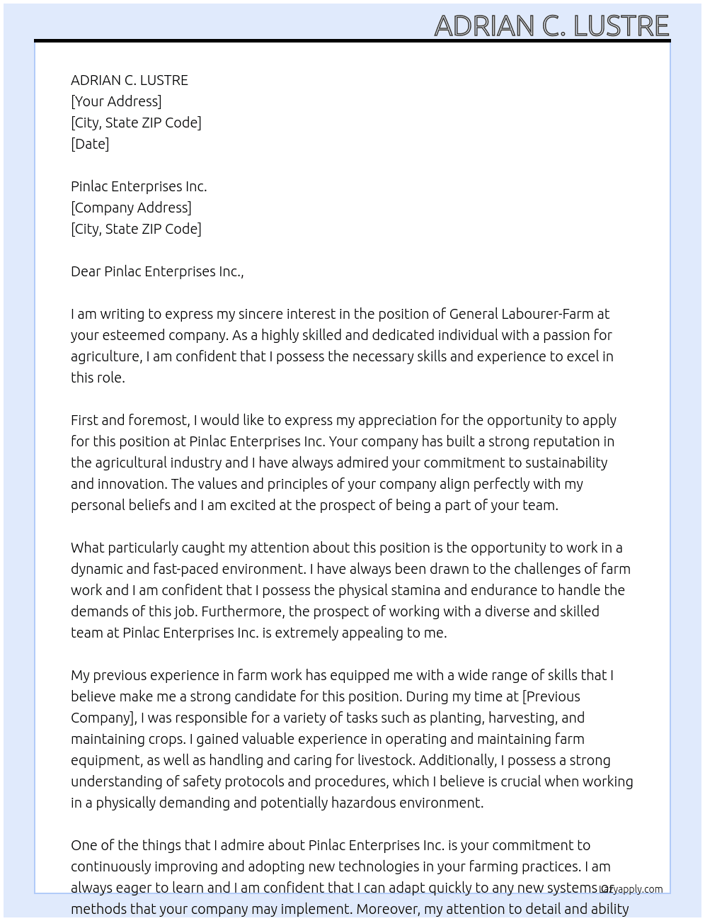 General Labourer-Farm At Pinlac Enterprises Inc. Cover Letter