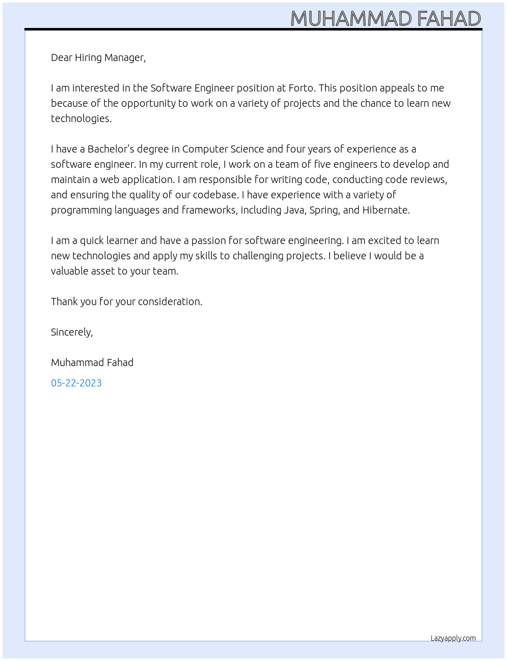 Software Engineer At forto Cover Letter