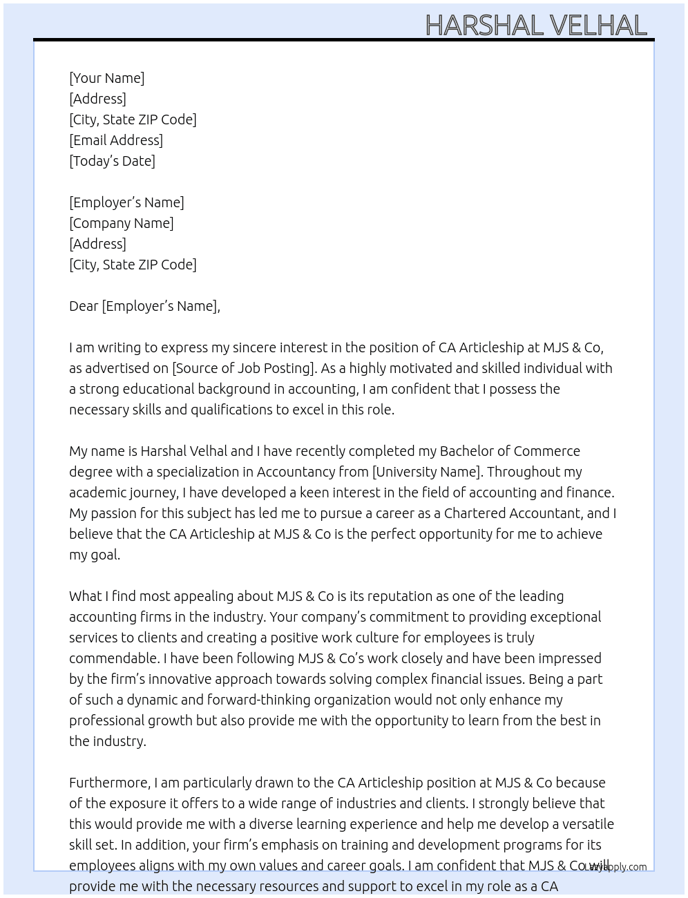 CA Articleship  At MJS & Co Cover Letter
