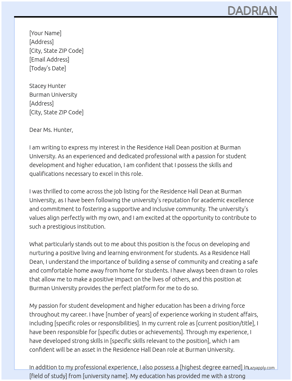 Residence Hall Dean At Burman University Cover Letter