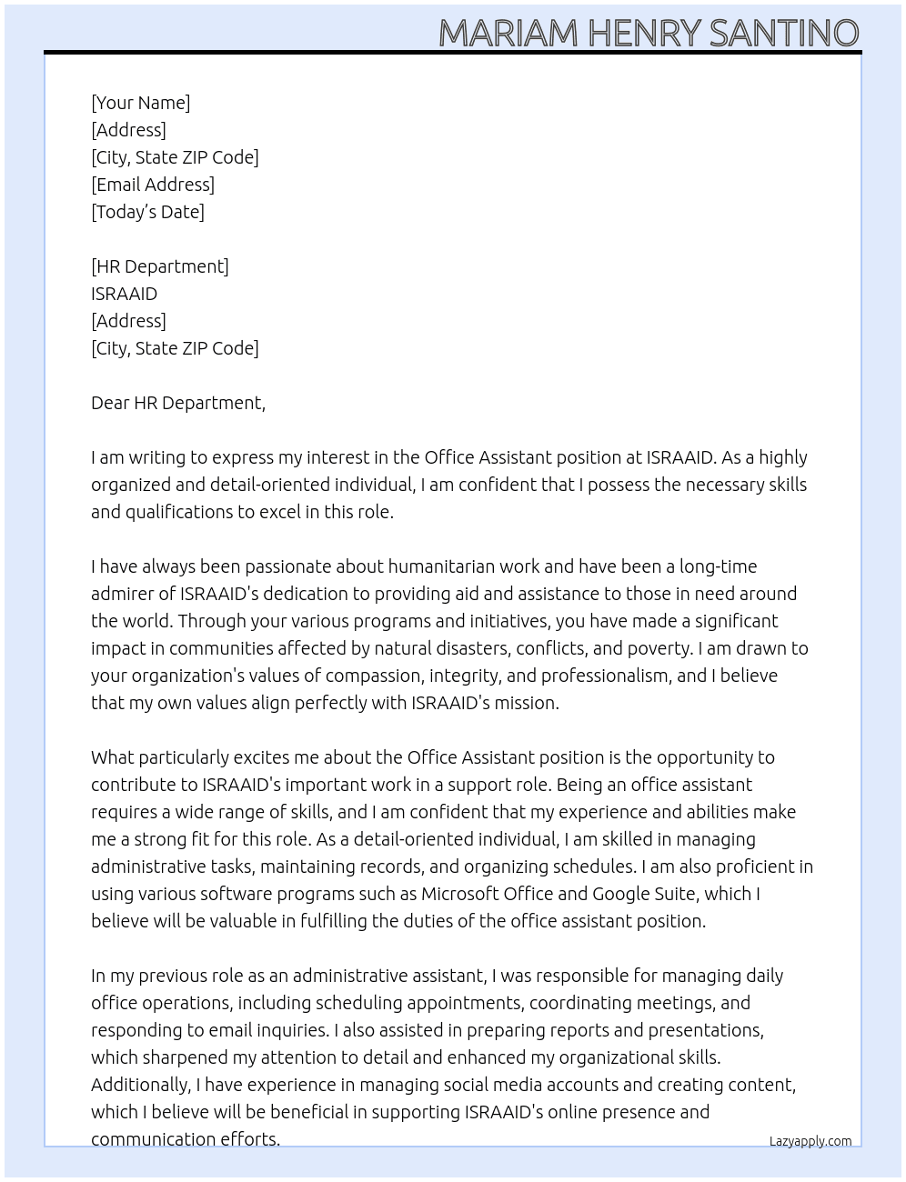 Office Assistant At ISRAAID Cover Letter
