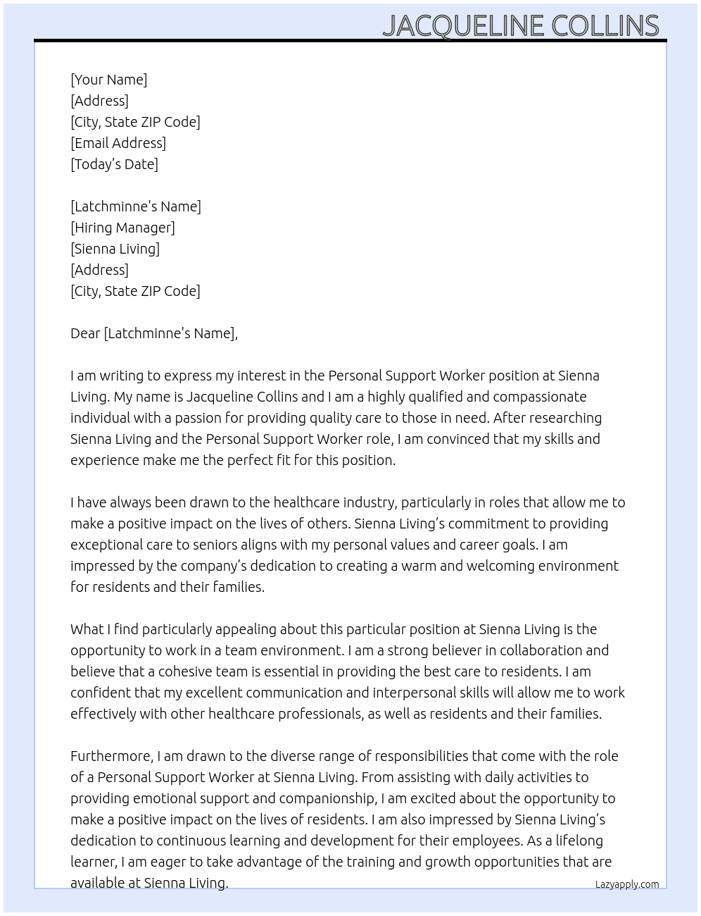 Personal Support Worker At Sienna living  Cover Letter