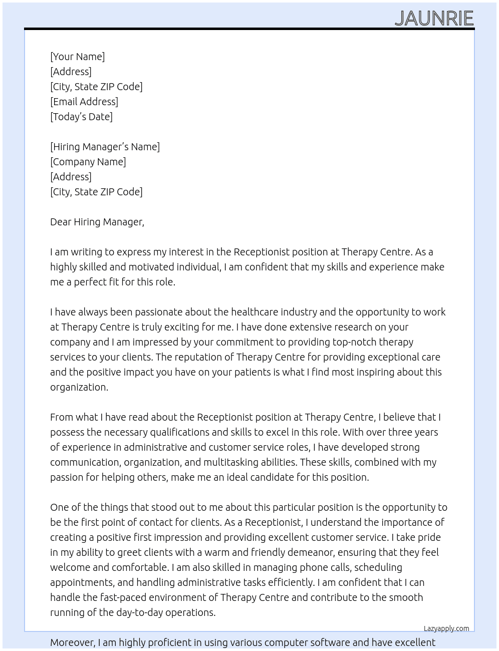 Receptionist At Therapy Centre Cover Letter