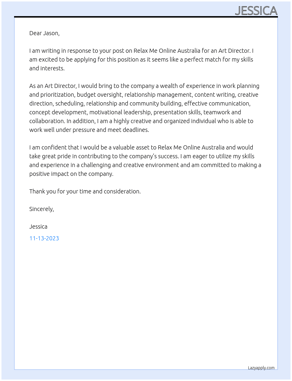 Art Director At Relax Me Online Australia Cover Letter