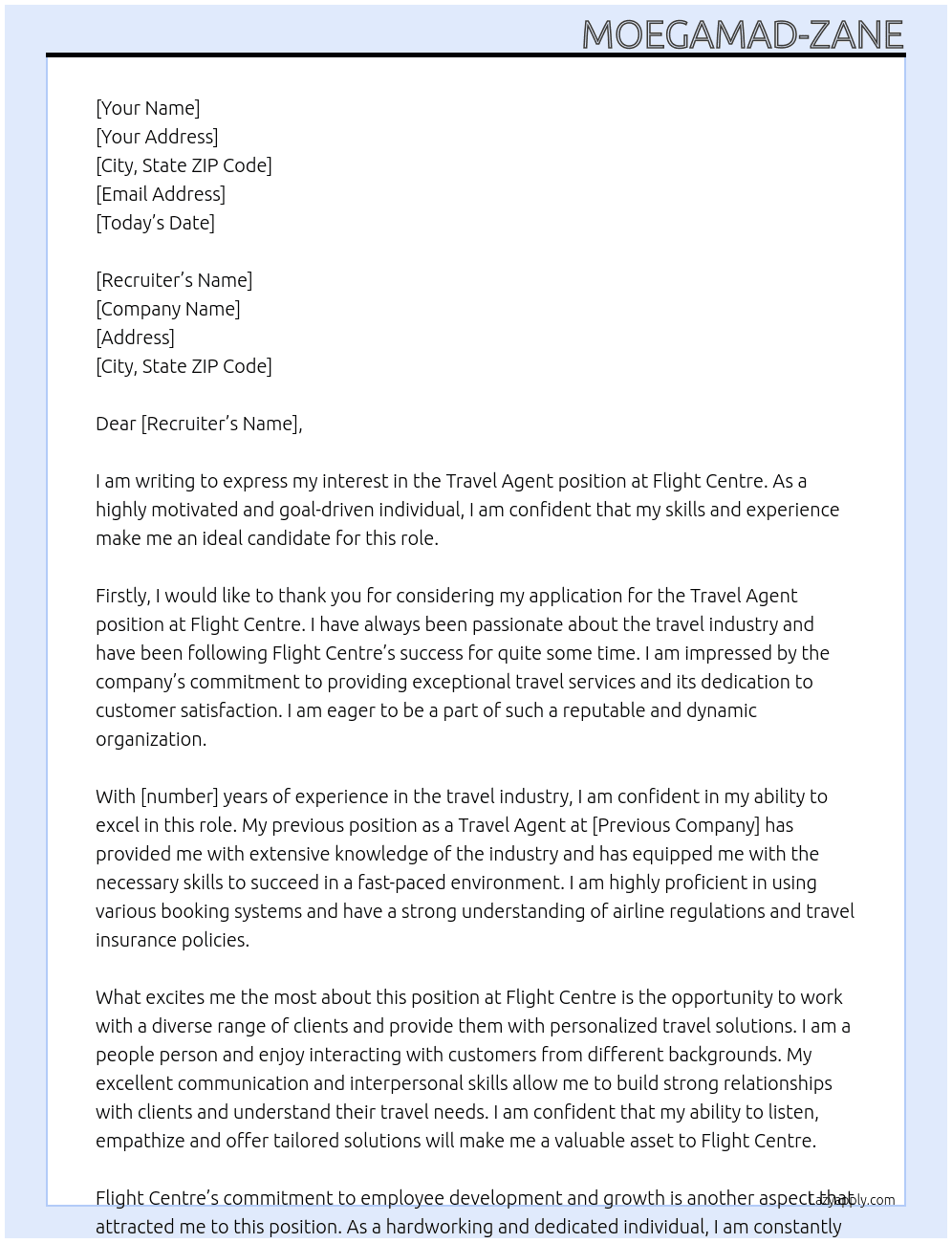 Travel Agent At Flight Centre Cover Letter