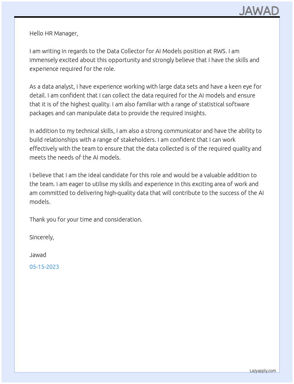 Data collector for AI Models At RWS Cover Letter