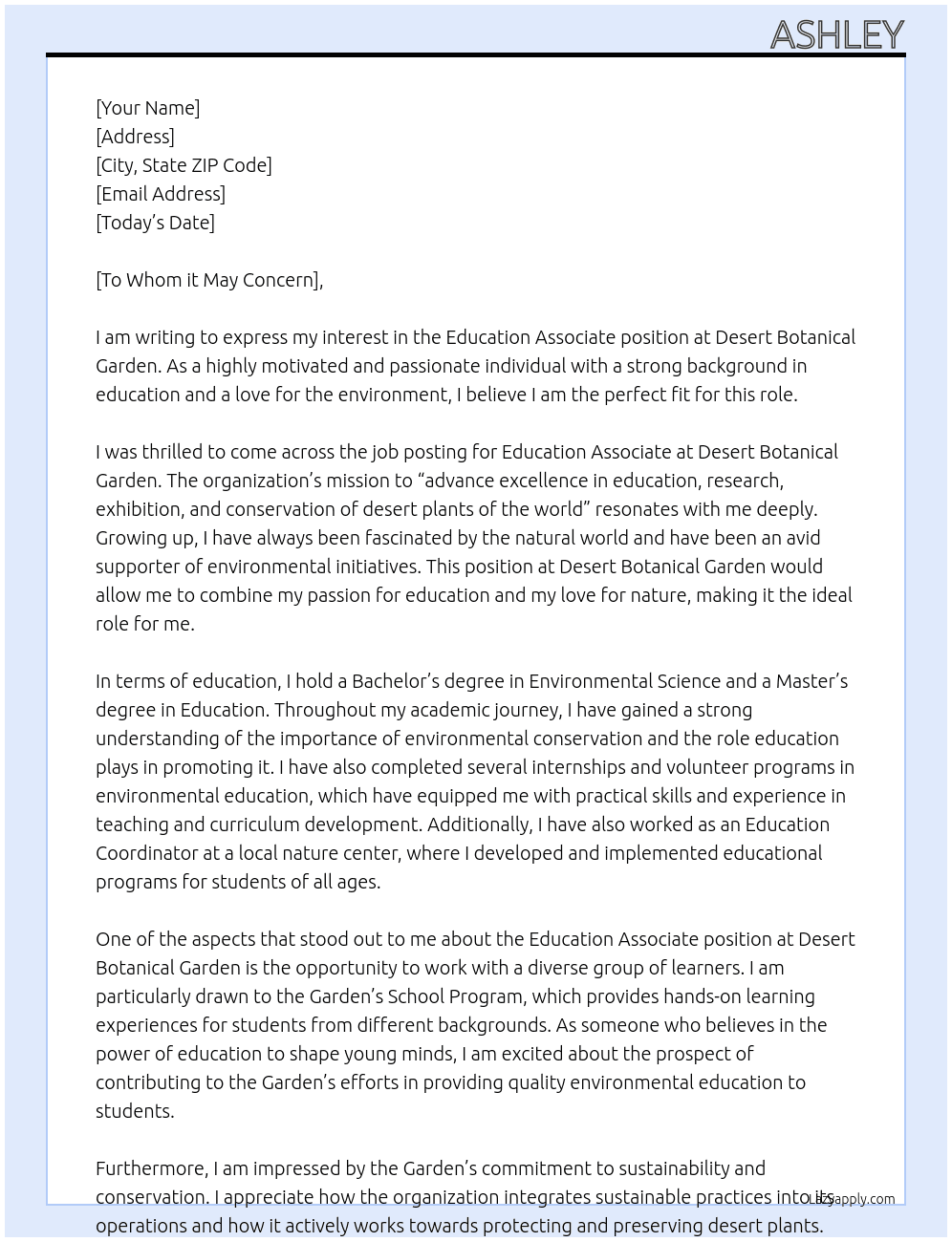 education associate At Desert Botanical Garden Cover Letter