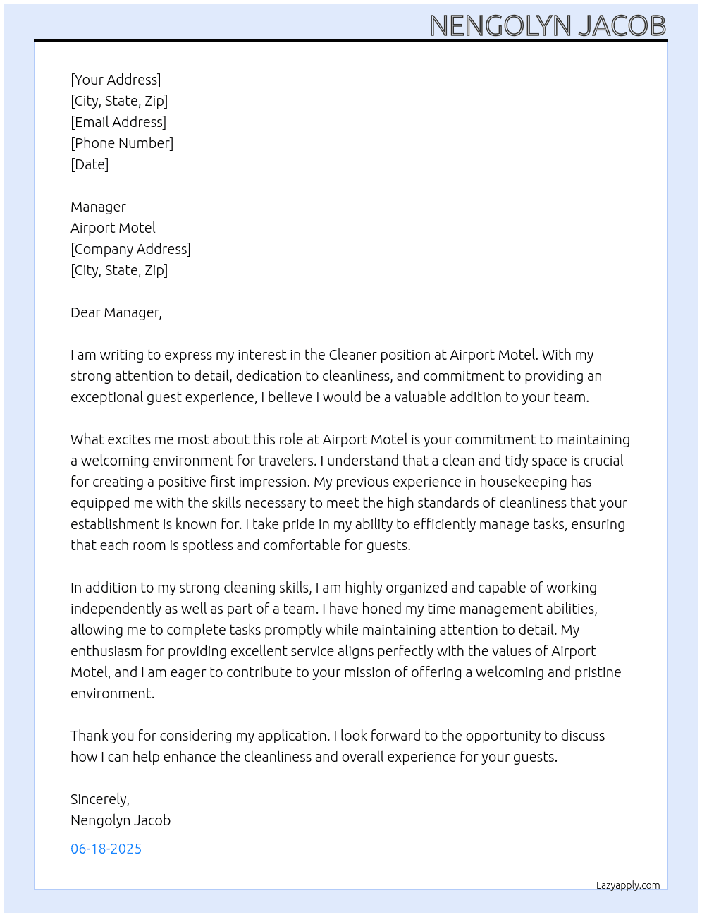 Cleaner,  At Airport Motel Cover Letter