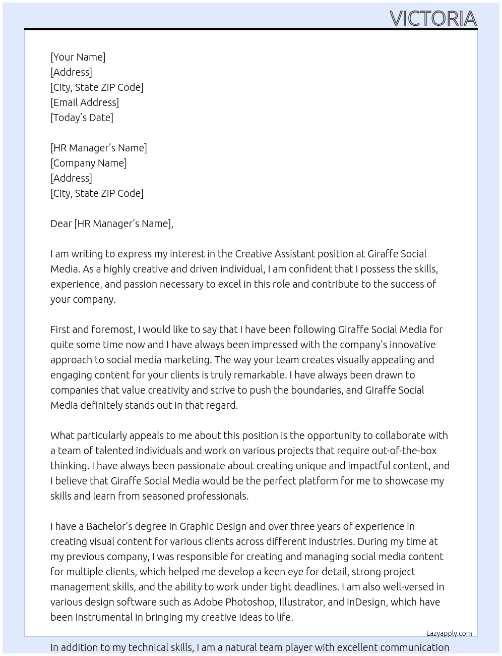 Creative assistant  At Giraffe social media  Cover Letter