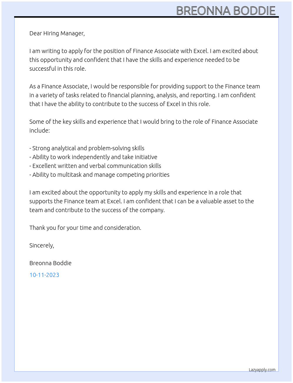Finance Associate  At Excel Cover Letter