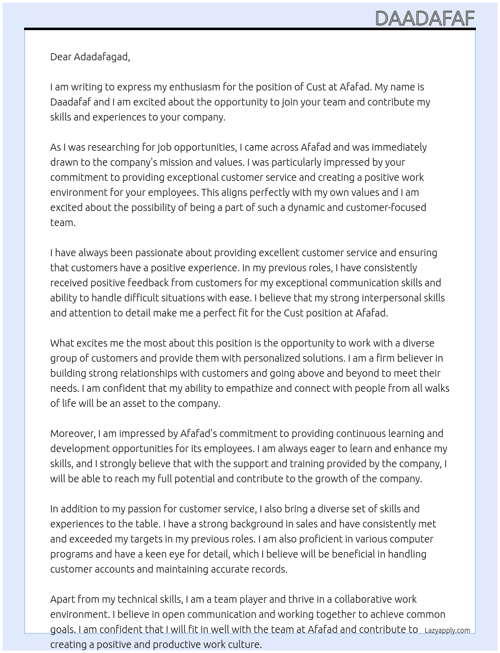 Cust At afafad Cover Letter
