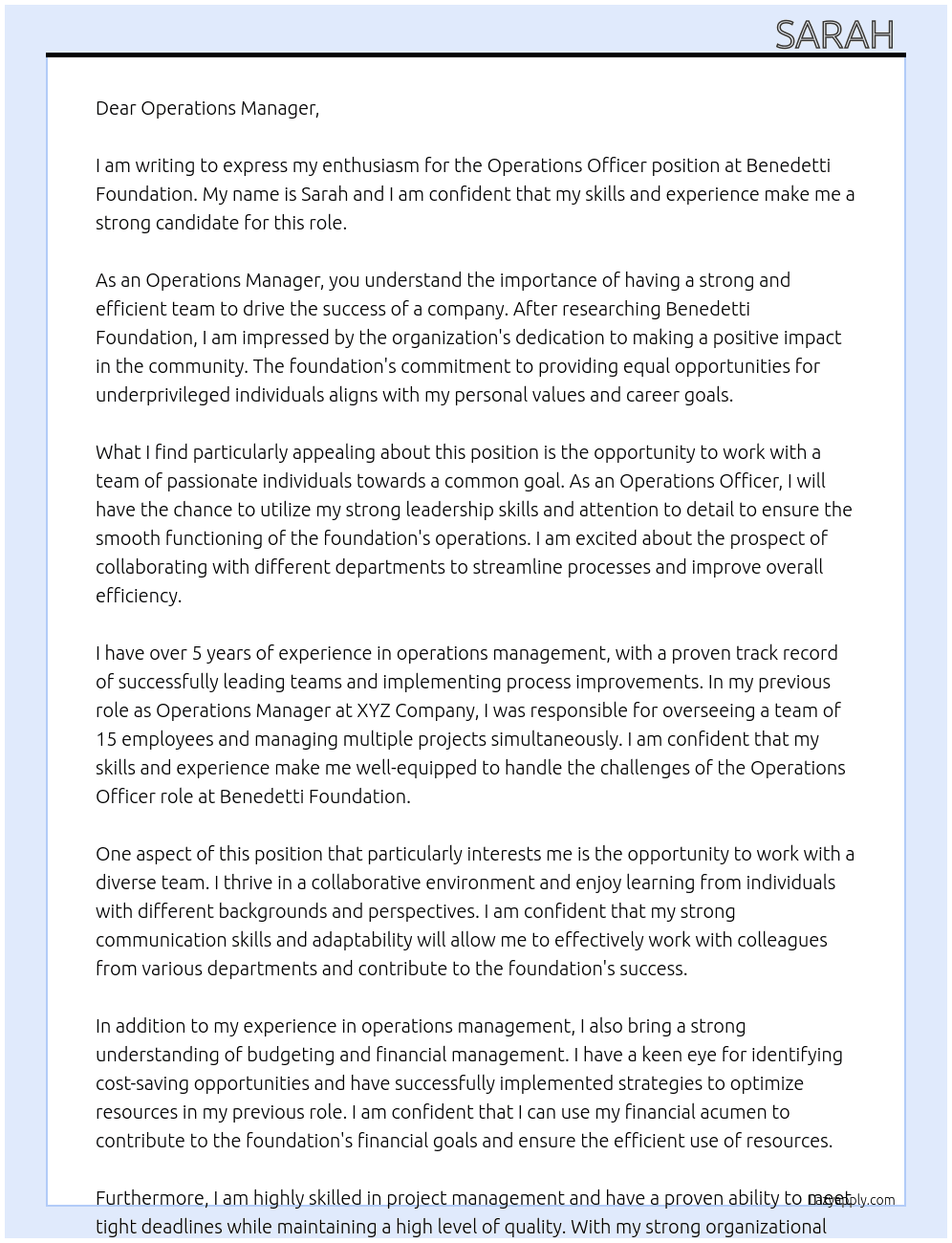 Operations Officer  At Benedetti Foundation  Cover Letter