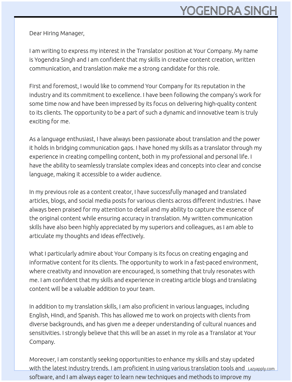 Translater At Your Company Cover Letter