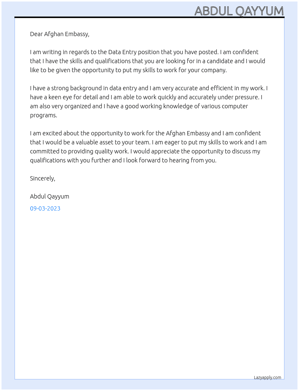 Data Entry At Afghan Embassy Cover Letter