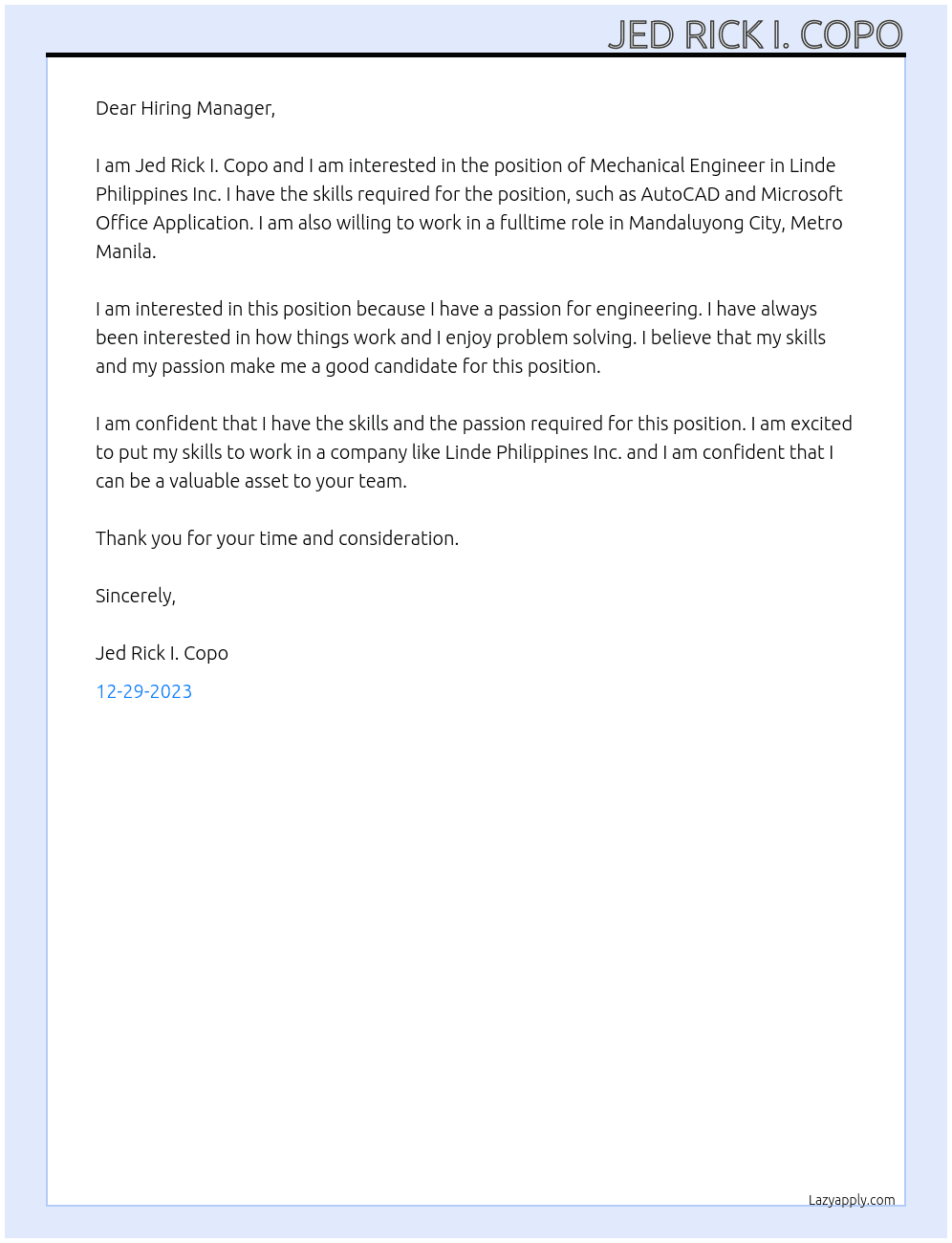 Mechanical Engineer At Linde Philippines Inc. Cover Letter