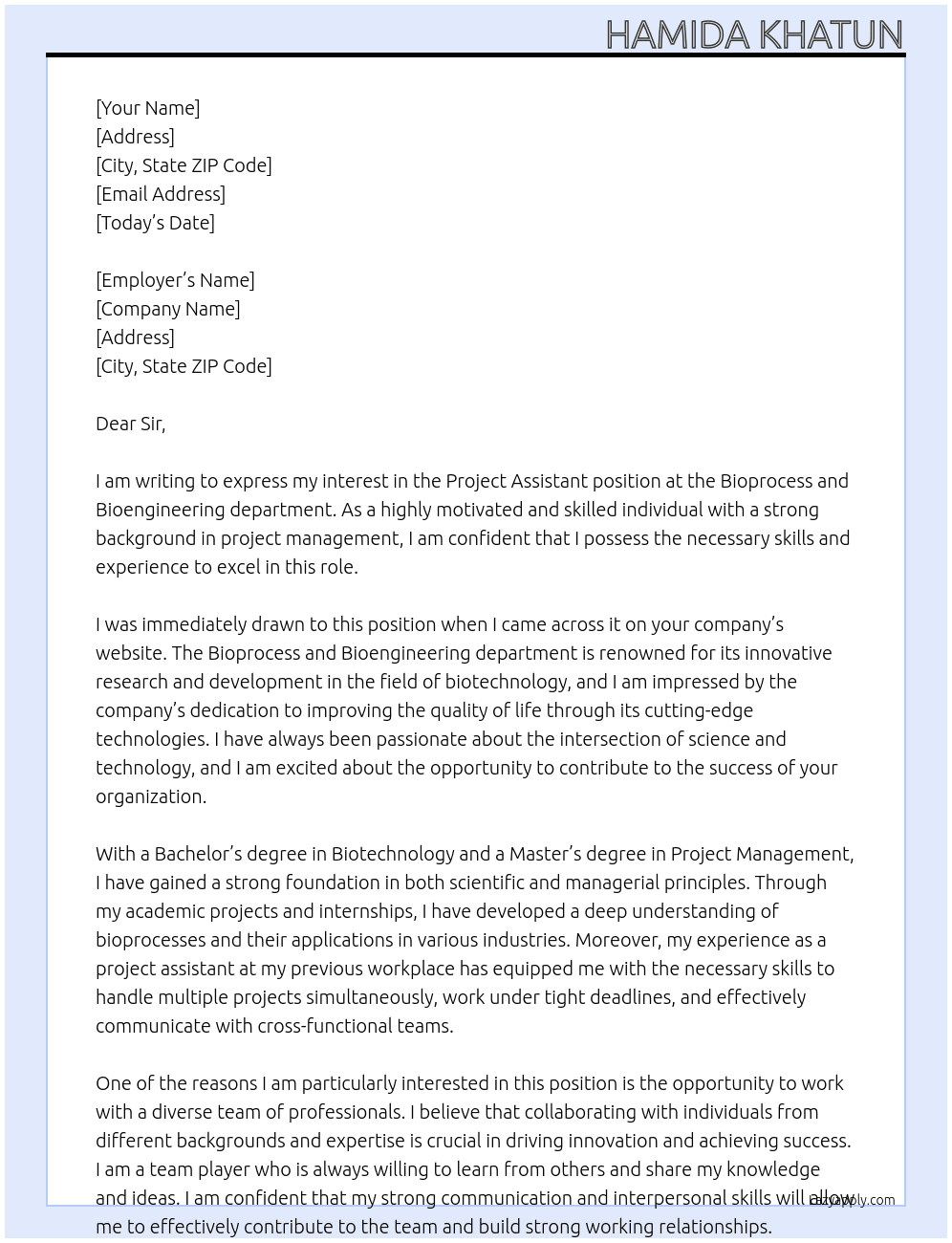 Project Assistant At Bioprocess and Bioengineering department Cover Letter