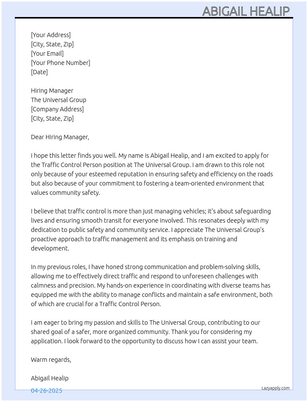 Traffic Control Person At The Universal Group Cover Letter