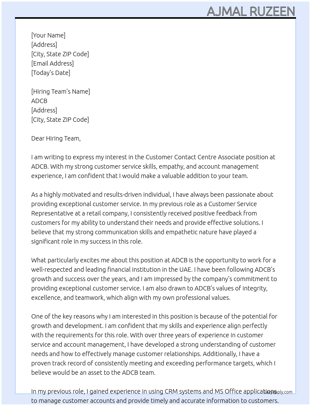 Customer contact centre asociate At ADCB Cover Letter