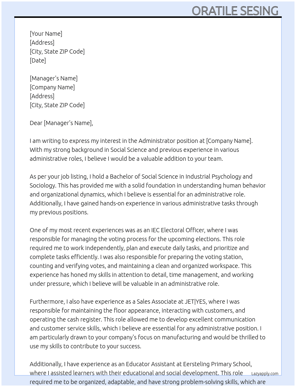 administrator  At manufacturing company  Cover Letter
