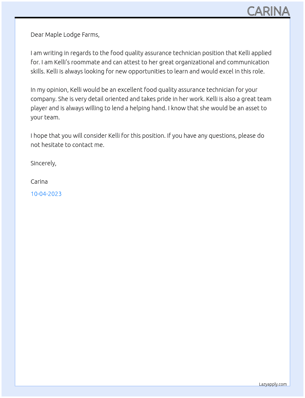 Food Quality assurance technician At Maple lodge farms Cover Letter