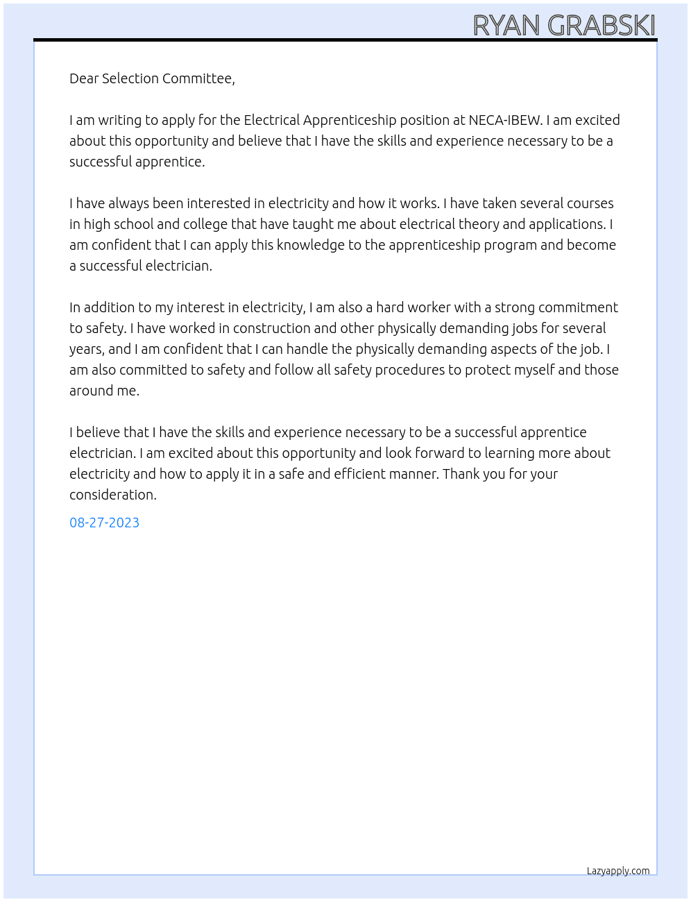 Electrical Apprenticeship  At NECA-IBEW Cover Letter
