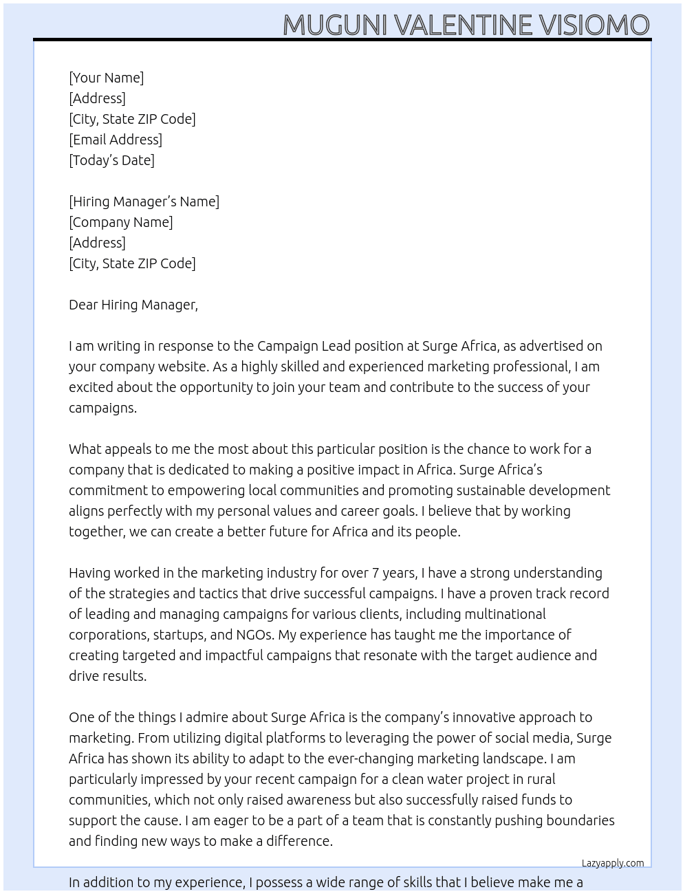 Campaign Lead At Surge Africa Cover Letter