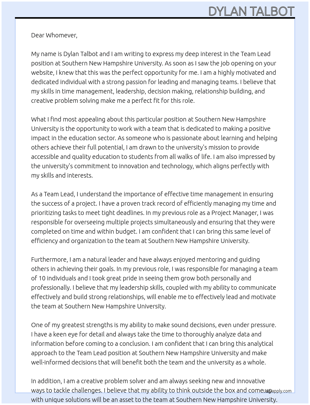 Team Lead  At Southern New Hampshire University Cover Letter