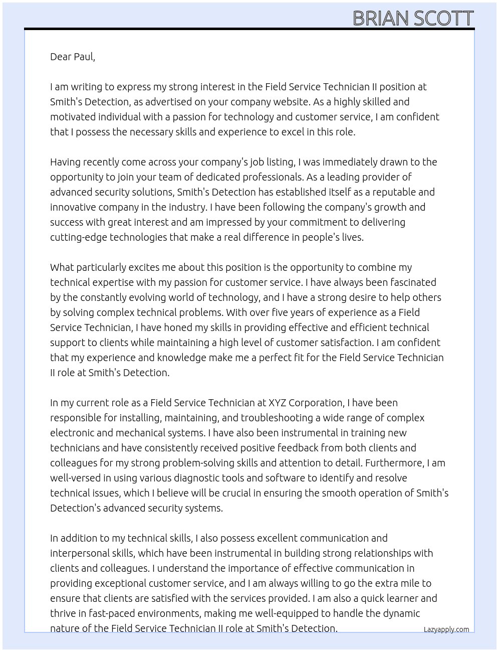 Field Service Technician II At Smith's Detection Cover Letter