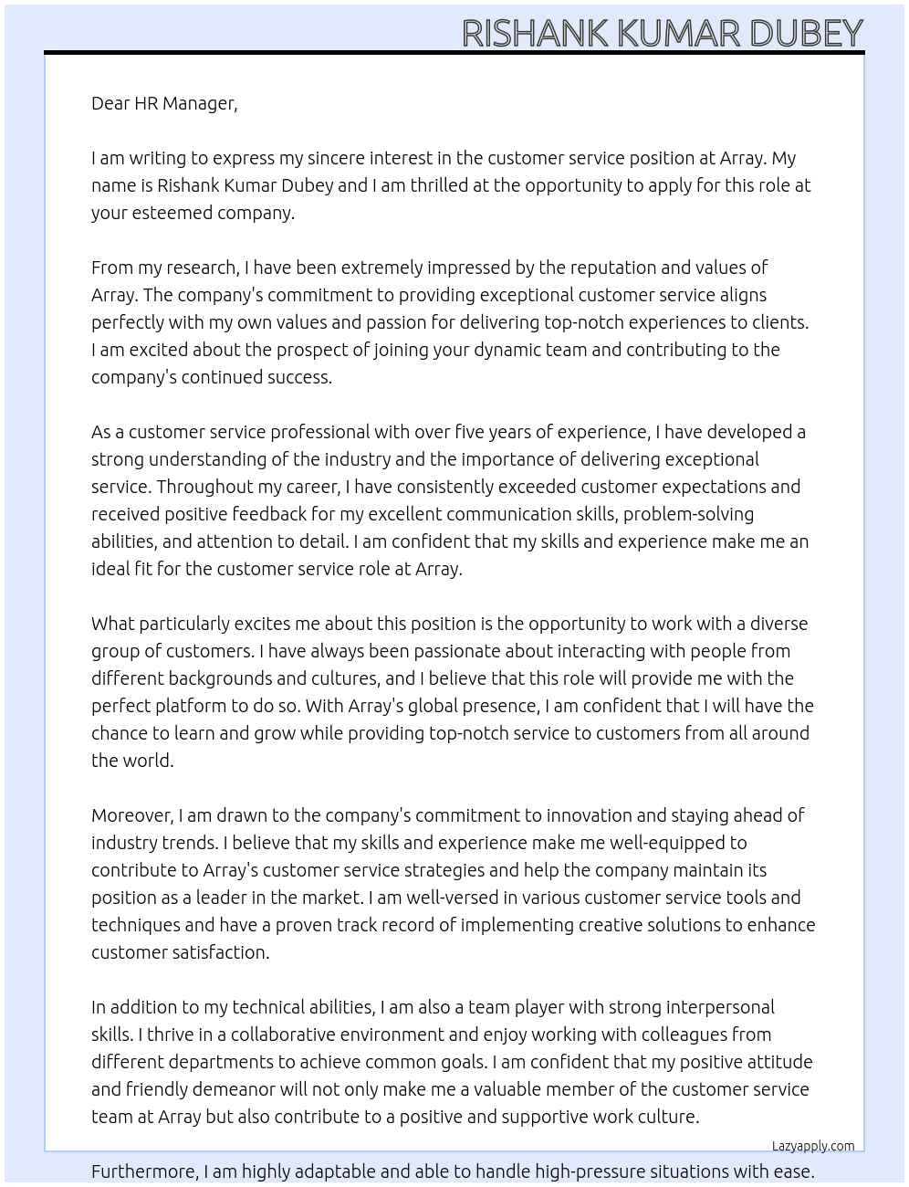 customer service At Array Cover Letter