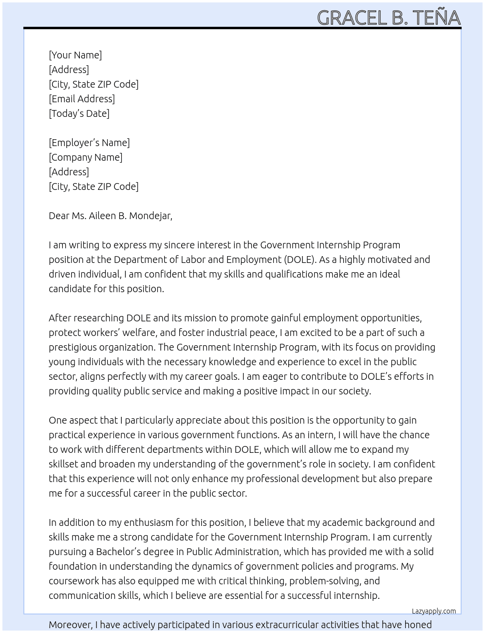 Government Internship Program  At DOLE Cover Letter