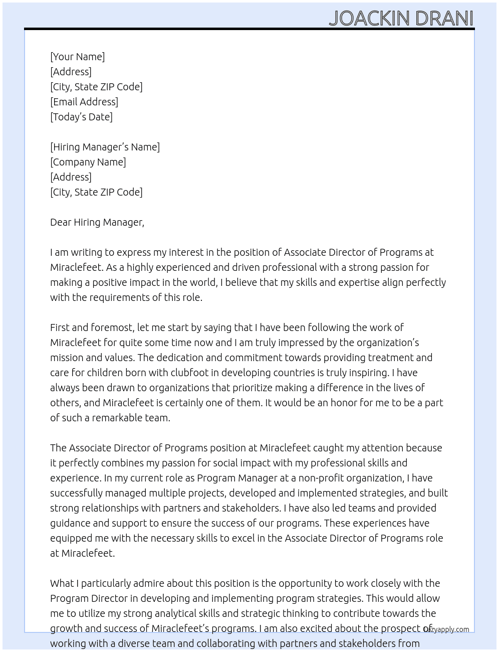 Associate Director of Programs At Miraclefeet Cover Letter